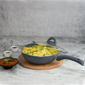 Granite 24 cm Non-Stick Wok | Glass Lid | Induction Bottom | Soft-Touch Handles | Virgin Aluminium | PFOA and Heavy Metals Free | 3.5mm Thick| 24cm, 2.7 litres