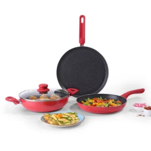 Milano Set Red 24 cm | Wok, Fry Pan, Dosa Tawa | Meta Tuff | Non - stick