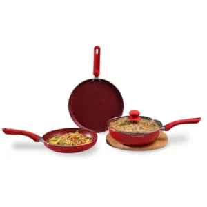 Royal Velvet Non-stick 4-piece Cookware Set (Fry Pan with Lid, Wok, Dosa Tawa) | Induction Ready| Soft-touch handles |Non – Toxic| 3 mm thick | Red