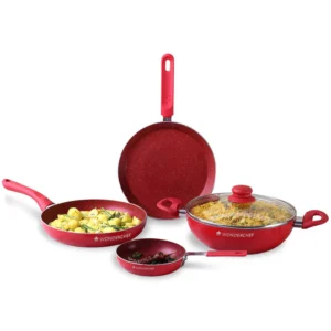 Royal Velvet Non-stick 5-piece Cookware Set (Fry Pan with Lid, Wok, Dosa Tawa, Mini Fry Pan) | Induction Ready*| Soft-touch handles |Non – Toxic| 3 mm thick | Red