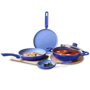 Royal Velvet Non-stick 5-piece Cookware Set (Fry Pan with Lid, Wok, Dosa Tawa, Mini Fry Pan) | Induction Ready*| Soft-touch handles |Non – Toxic| 3 mm thick | Blue